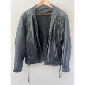 Men’s VTG 90s Black Leather Motorcycle Jacket M Ventilation Zip Cafe Racer Biker